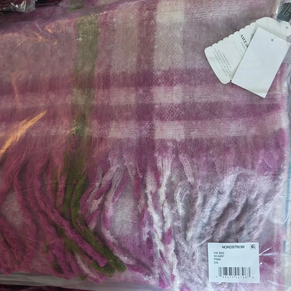 Save the Ocean Pink Plaid Recycled Scarf Oversized Fringe HX-S02 Nordstrom NEW